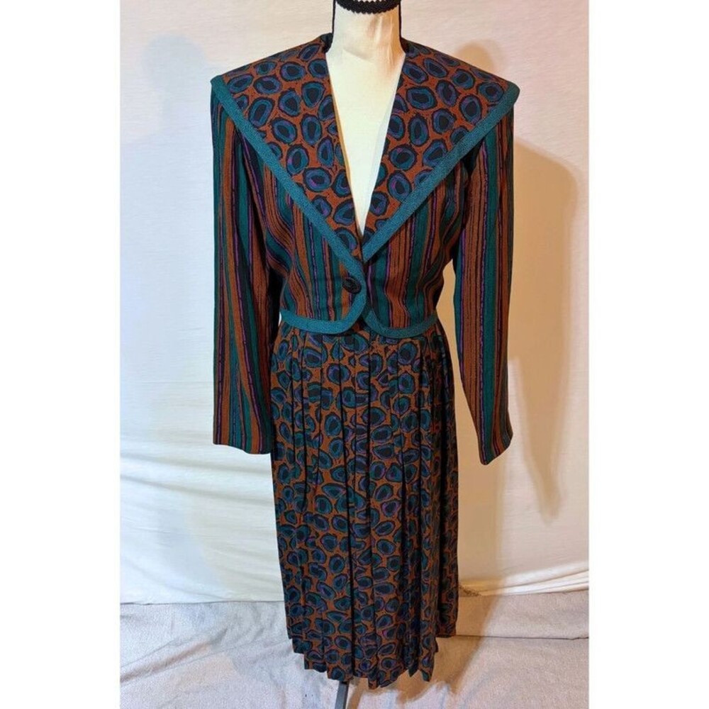 Vintage Componix 2 Piece Jacket Skirt Set Size 6 Teal Rust Pleated Suit